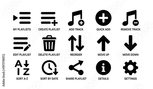 Music playlist management icons for app interface design