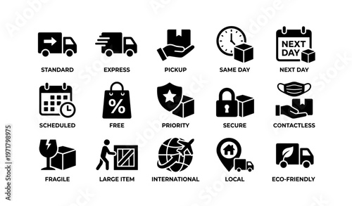 Shipping service icons: standard, express, priority, secure, international, eco-friendly delivery options