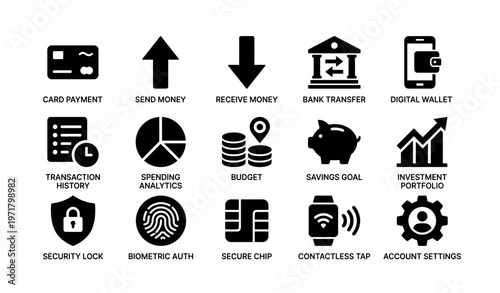 Financial icons: payment, money, bank, wallet, security, budget, analytics, investment