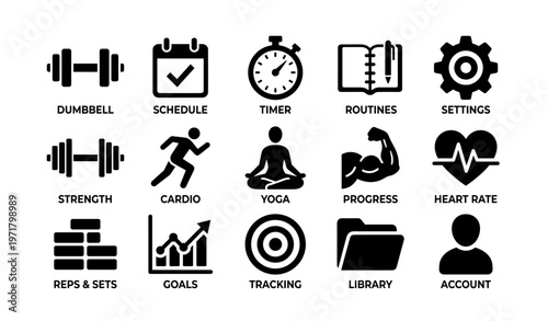 Fitness icons: dumbbell, yoga, heart rate, cardio, timer, progress, tracking