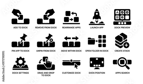 Icons illustrating app dock functionalities and controls