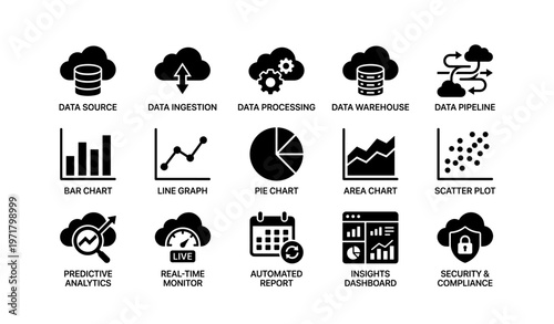 Data management icons: charts, analytics, security, cloud computing