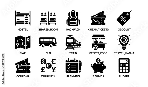 Affordable travel icons: hostel, transportation, savings, and budget tips