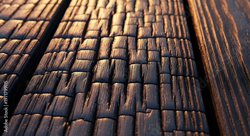 Close up view of charred wood planks showing unique burnt texture pattern