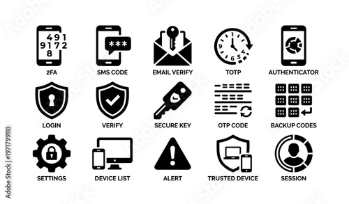 Security icons set: authentication, verification, protection methods