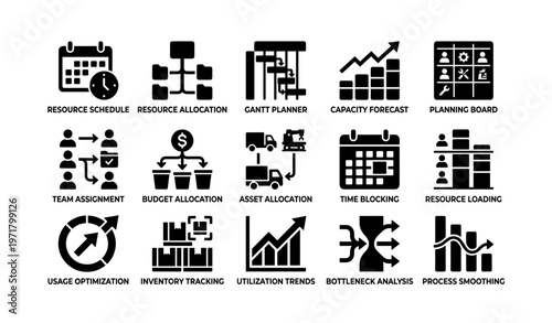 Project management icons: scheduling, planning, and optimization tools