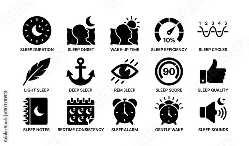 Sleep icon set: duration, wake-up time, cycles, efficiency, quality indicators