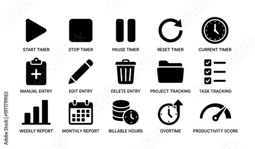 Timer controls and productivity icons set for efficient workflow management
