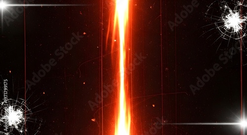 Fiery burst of light illuminates a dark background with shattered glass effect
