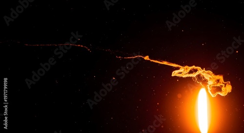 Fiery trail of sparks and smoke drifting across dark night sky with bright light