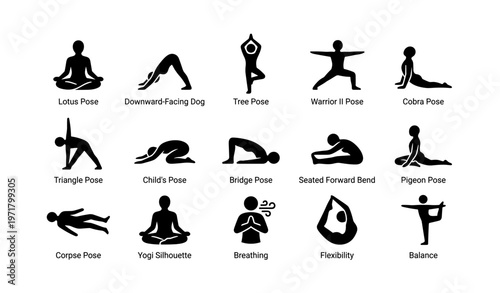 Yoga poses silhouettes: lotus, downward dog, tree, warrior ii, cobra, more