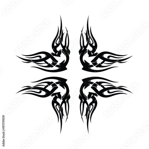 Abstract black tribal flame-like graphic design elements arranged symmetrically, suggesting a cross or star shape, isolated on a clean white background