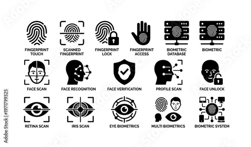 Biometric security icons: fingerprint, face, retina, iris, multi-biometrics, verification