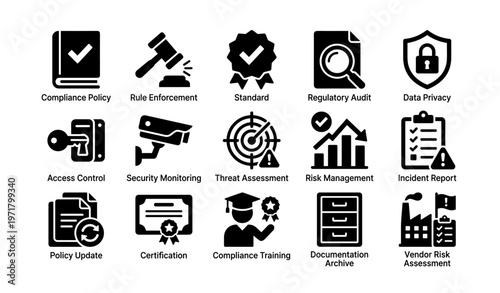 Compliance and security icons set for risk management and data privacy