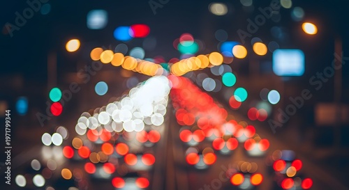 Night city traffic bokeh background with colorful blurred street lights and car glow