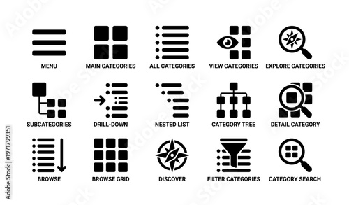 Set of 16 black navigation icons for categories and menus
