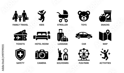 Travel essentials and activities icons: family, transport, and leisure items