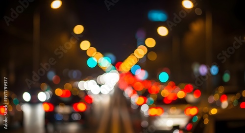 Blurred city lights at night with bokeh effect car headlights