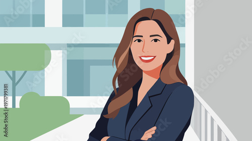 Business professional stands with arms crossed outside an office building during a sunny day