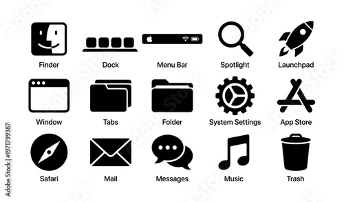 Icons for macos interface elements including finder dock menu bar and more