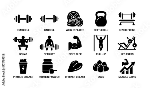 Fitness icons set: dumbbell, barbell, kettlebell, protein, muscle gains