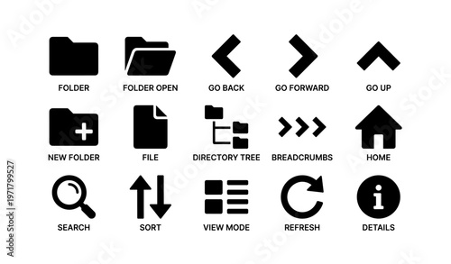 Essential user interface icons: folders, navigation, and tools
