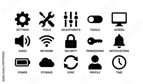 Settings and tools icons: networking, security, and profile management symbols