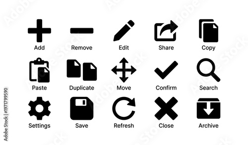 Set of 16 black user interface icons including add, edit, share, and save