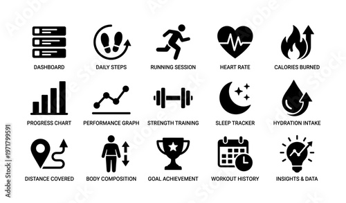 Fitness tracking icons for daily exercise and health monitoring