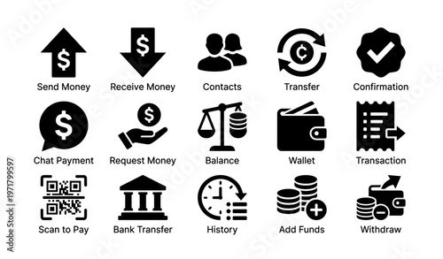 Financial icons set for money transfer, payment, and banking transactions