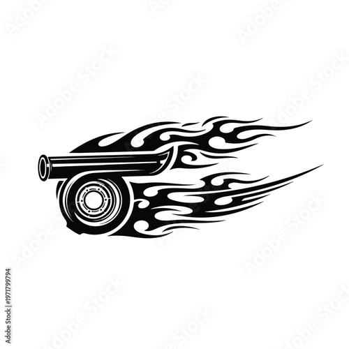 Stylized black graphic of a turbocharger with tribal flames emanating from the turbine wheel, representing speed and power against a clean white background