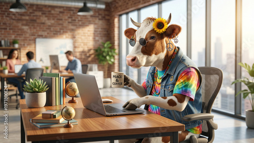 Humorous Hippie Cow Working on Laptop in Modern Sunlit Office