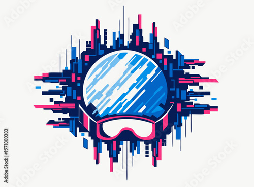 Futuristic Metaverse VR Helmet Concept with Digital Glitch Cityscape and Virtual Reality Goggles