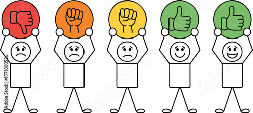 Stick figures rating system with buttons from bad to excellent red to green minimal clean line art vector illustration feedback scale isolated on white