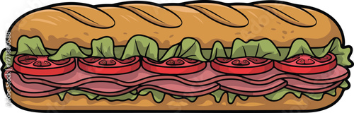 Cartoon submarine sandwich with lettuce tomato and deli meat minimal flat vector illustration fast food sub roll isolated on white background