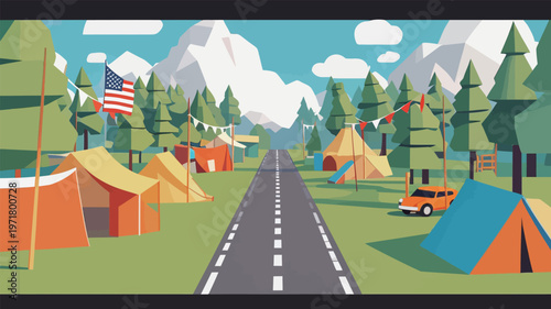 Camping near mountains with tents, flags, and a road during daytime