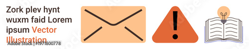 Email communication, warnings, education, notifications, idea generation, digital information. Envelope, alert triangle open book with light bulb. Communication and warnings concept