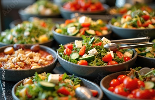 Fresh Mediterranean salads arranged buffet style. Bowls overflow with crisp greens feta cheese tomatoes and cucumbers. Various vegetable mezes offer healthy lunch or dinner choices.