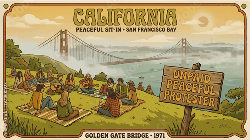 Vintage style illustration of peaceful sit-in protest near Golden Gate Bridge San Francisco 1971 with unpaid peaceful protester sign