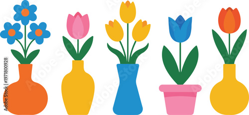 Colorful flowers in decorative vases set with tulips and spring blooms modern flat vector illustration cheerful home decor design isolated on white