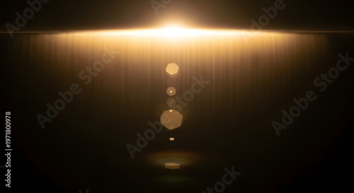 Abstract sun lens flare on black background, bright light effect, glowing lines