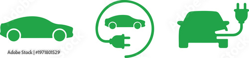 Minimal electric car charging icon set, clean line art EV station, plug, socket, hybrid vehicle symbols on white background
