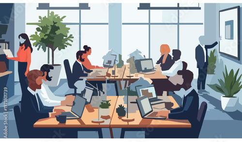 Modern Coworking Office Interior Open Workspace Vector Illustration