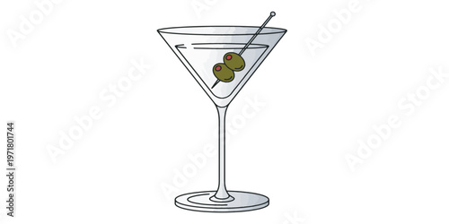 Martini Glass with Green Olive Garnish.