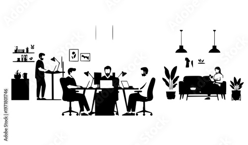 Minimal Coworking Office Interior Modern Workspace Vector Illustration