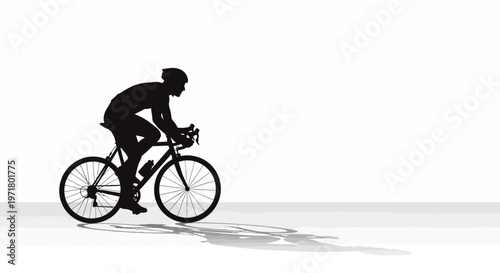 Silhouette Cyclist Riding Bicycle on Road, Dynamic Shadow, White Background, Sports Concept