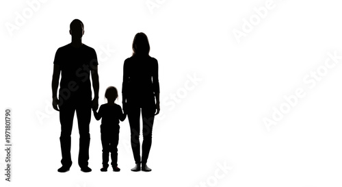 Silhouette Family: Father, Mother, and Child Standing Together on White Background