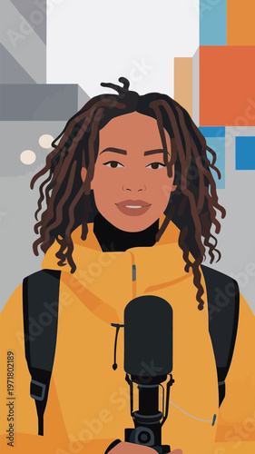 Young woman stands in a city holding a microphone and camera while wearing a yellow jacket and smiling at the viewer