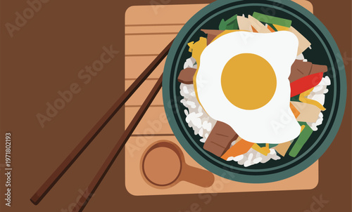 Popular rice bowl with egg and vegetables served on wooden table with chopsticks in a cozy setting during meal time