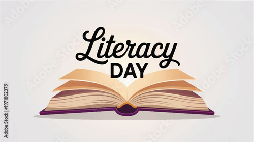 Literacy day celebration with open book and fanned pages, promoting reading and education awareness, flat design